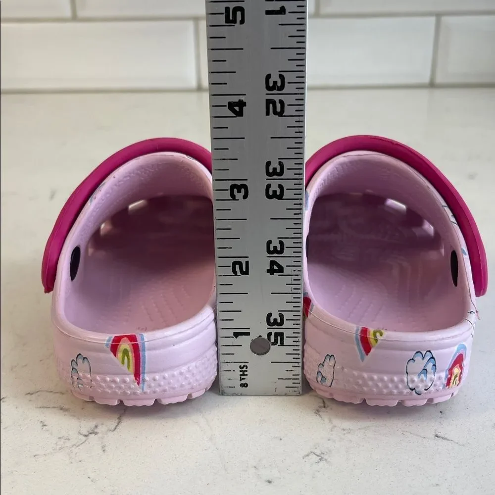 CROCS Kids Light Pink Clogs with Rainbow & Cloud Design Size 7